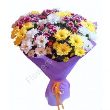 Букет из 15 хризантем разноцветных купить с доставкой по Москве