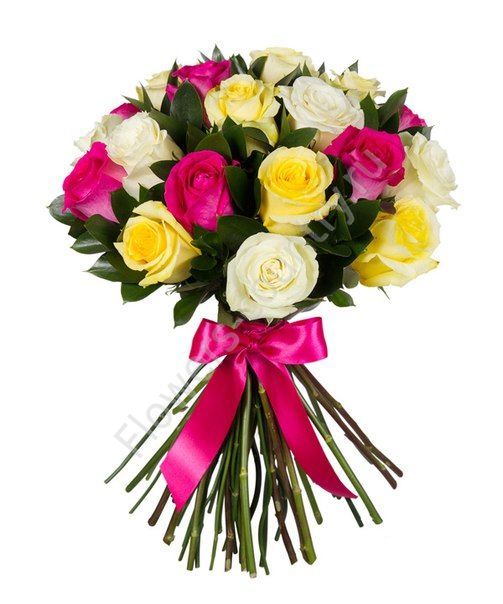 Букет из розовых, желтых и белых роз купить с доставкой по Москве